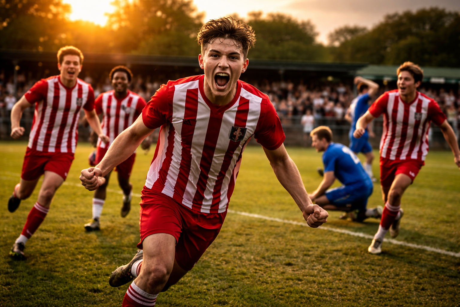 Youth football team celebrating a goal
