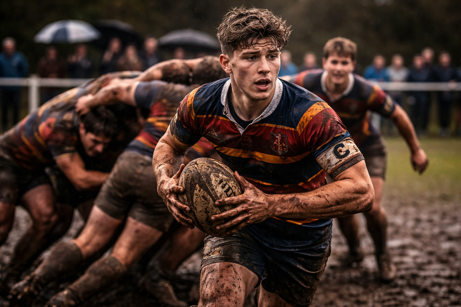 Rugby players in a scrum on a muddy pitch