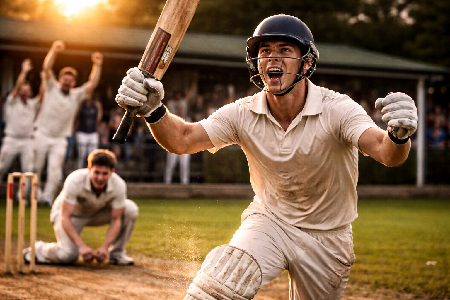 Cricket player swinging a bat in a local match